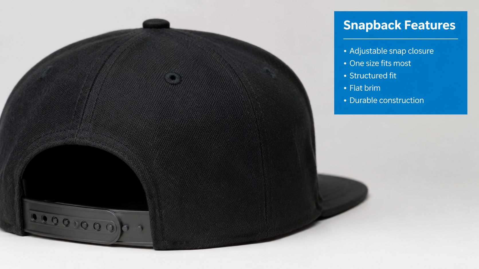 A close-up of a plain black snapback hat with an adjustable closure and structured design.