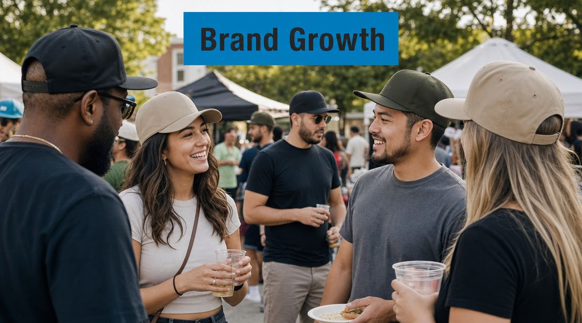 A diverse group of friends smiling while wearing plain snapback hats at an outdoor social event.