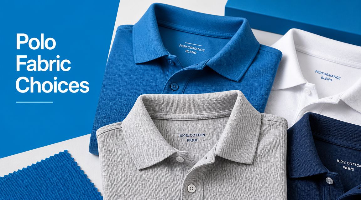 Several folded polo shirts in grey, white, and blue colors displayed for fabric choice selection.