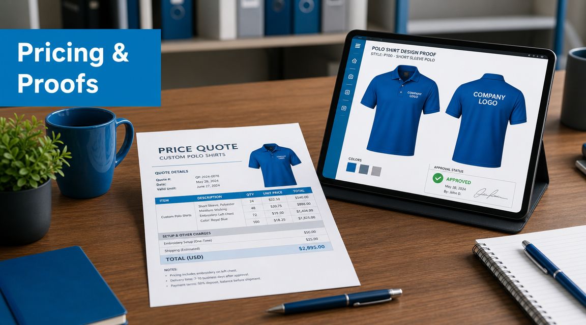 A professional desk setup featuring a digital tablet displaying a polo shirt design proof and a printed quote.
