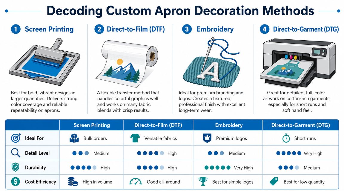 A comparison chart outlining four common methods for printing and decorating custom aprons, including screen printing and embroidery.