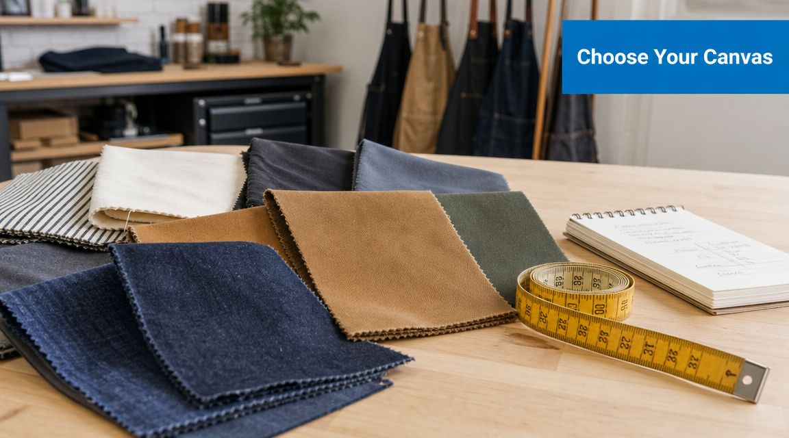 A collection of colorful fabric swatches and a measuring tape on a wooden table for custom apron selection.