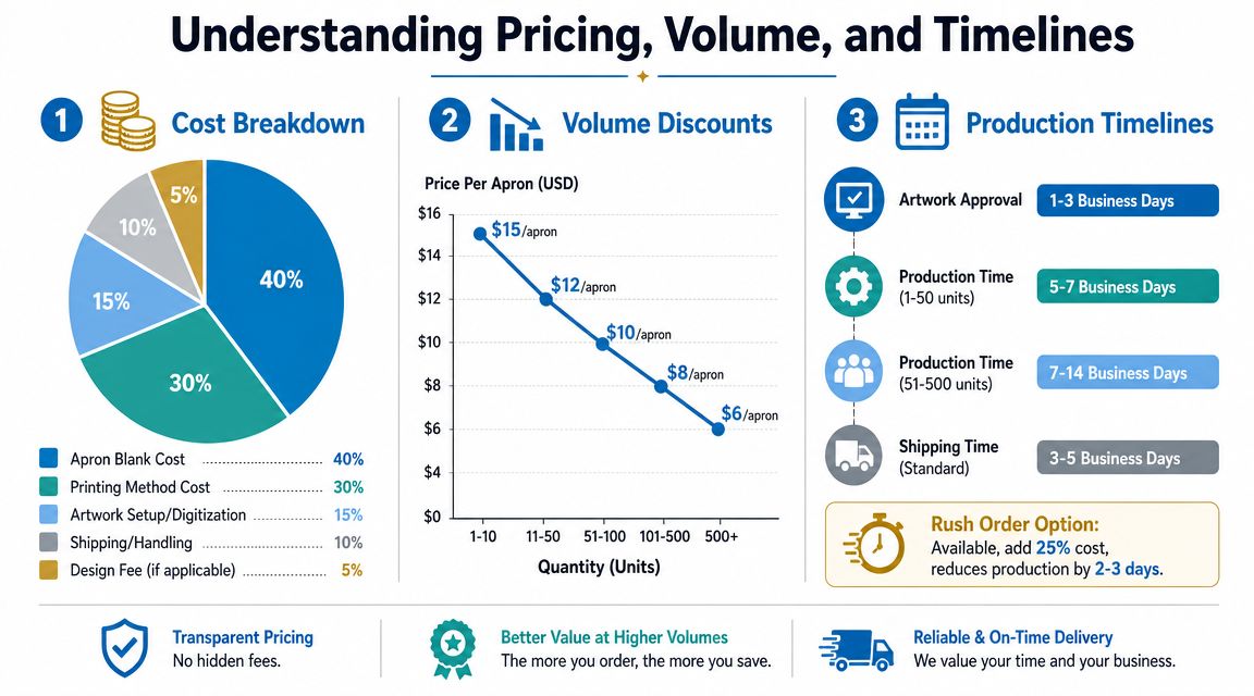 An infographic titled Understanding Pricing, Volume, and Timelines explaining the costs, bulk discounts, and production schedules for custom aprons.