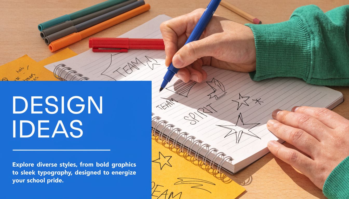 A hand sketches school spirit design ideas in a notebook surrounded by colorful markers and yellow paper.