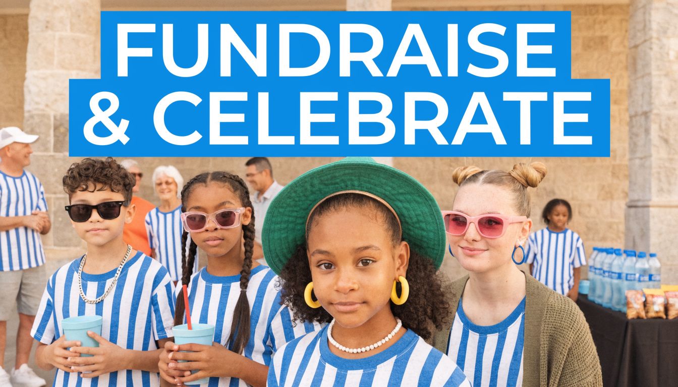 A diverse group of children and adults wearing matching blue and white striped shirts outdoors.