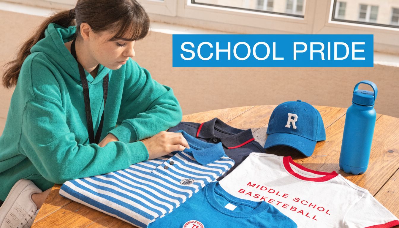 A student in a green hoodie looking at various school spirit wear items on a wooden table.