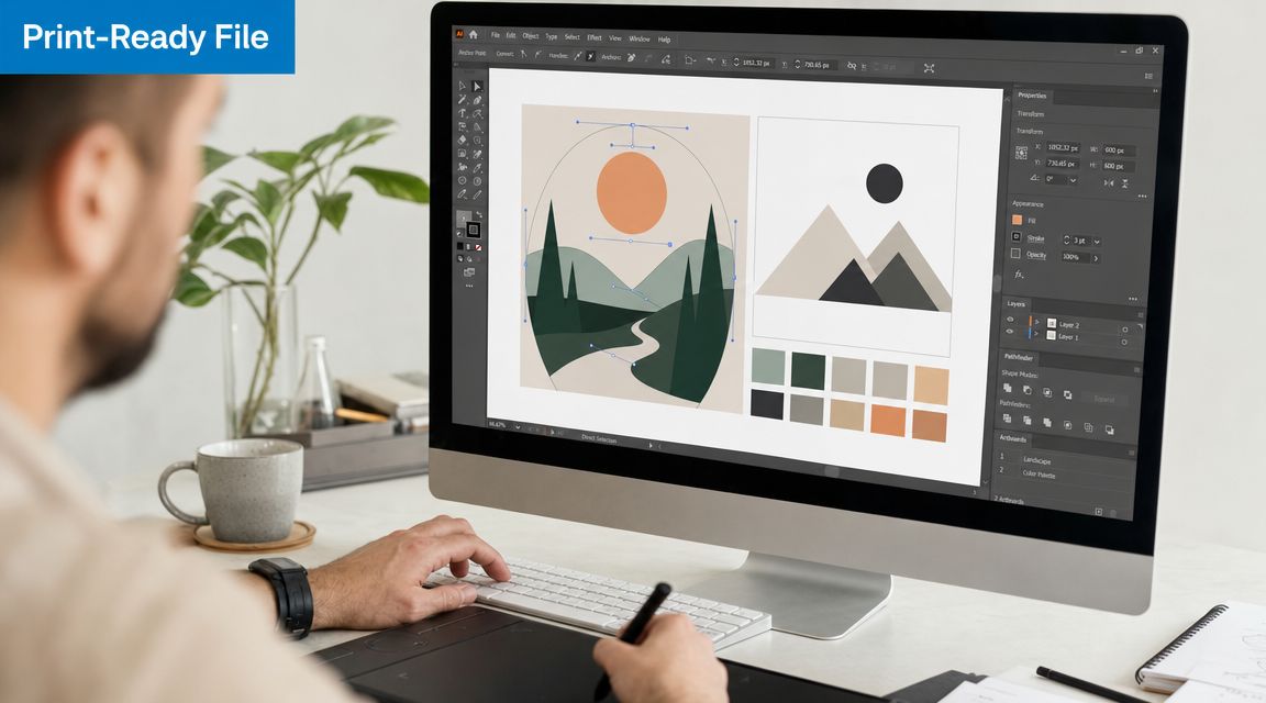 A graphic designer works on digital landscape illustrations using a desktop computer and a drawing tablet.