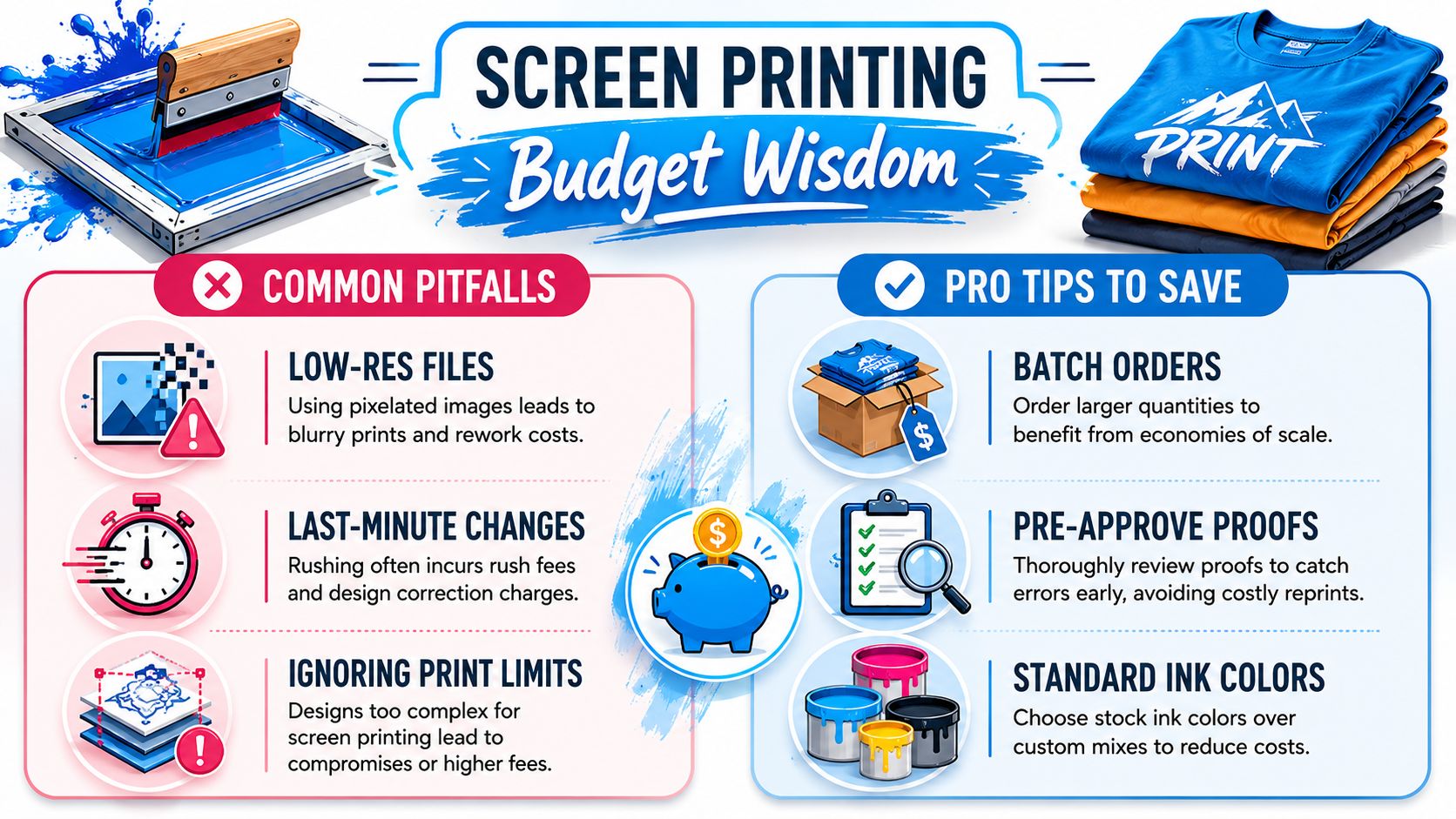 An infographic titled Screen Printing Budget Wisdom detailing common mistakes and pro tips for cost-effective printing.