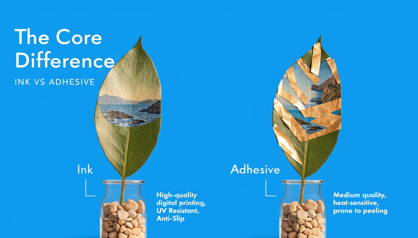 A comparison illustration showing digital ink on a leaf versus adhesive film peeling off a leaf.