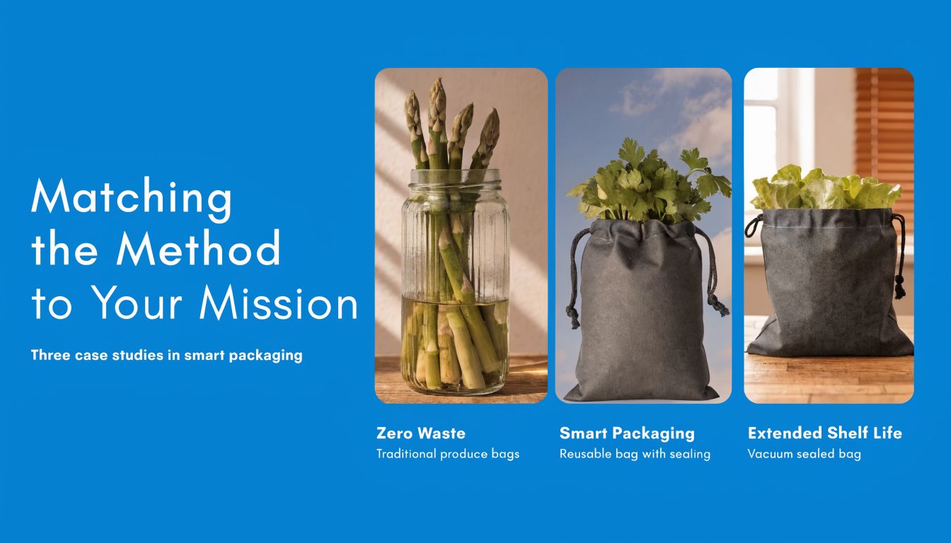 Three examples of sustainable produce storage methods including a glass jar and two reusable fabric bags.