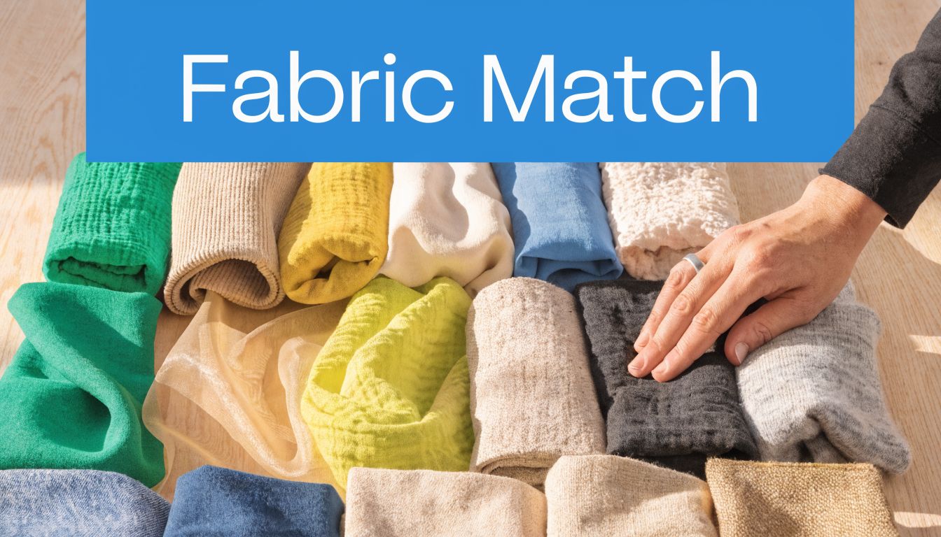 A hand touches various folded fabric swatches of different colors and textures displayed on a wooden surface.