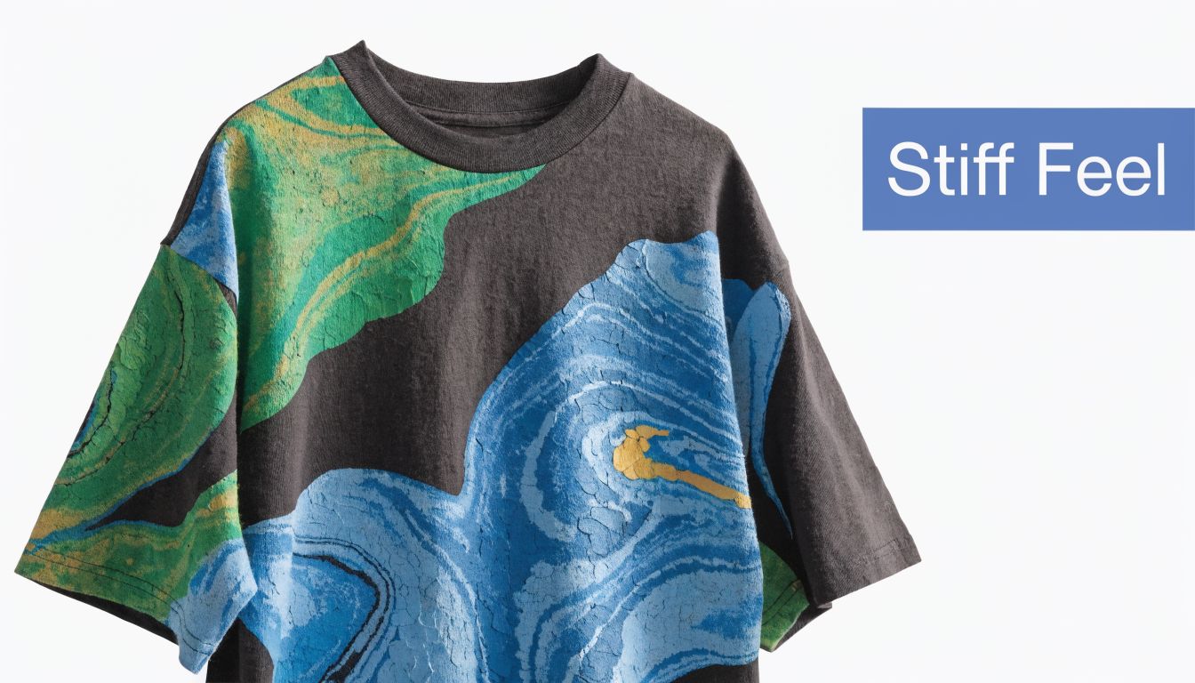 A charcoal gray t-shirt featuring a textured, cracked blue and green marbled water-based ink print design.