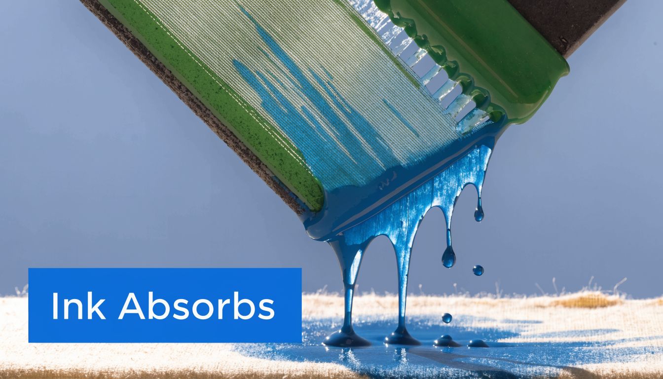 A green squeegee applies blue water-based ink onto a fabric surface during a screen printing process.