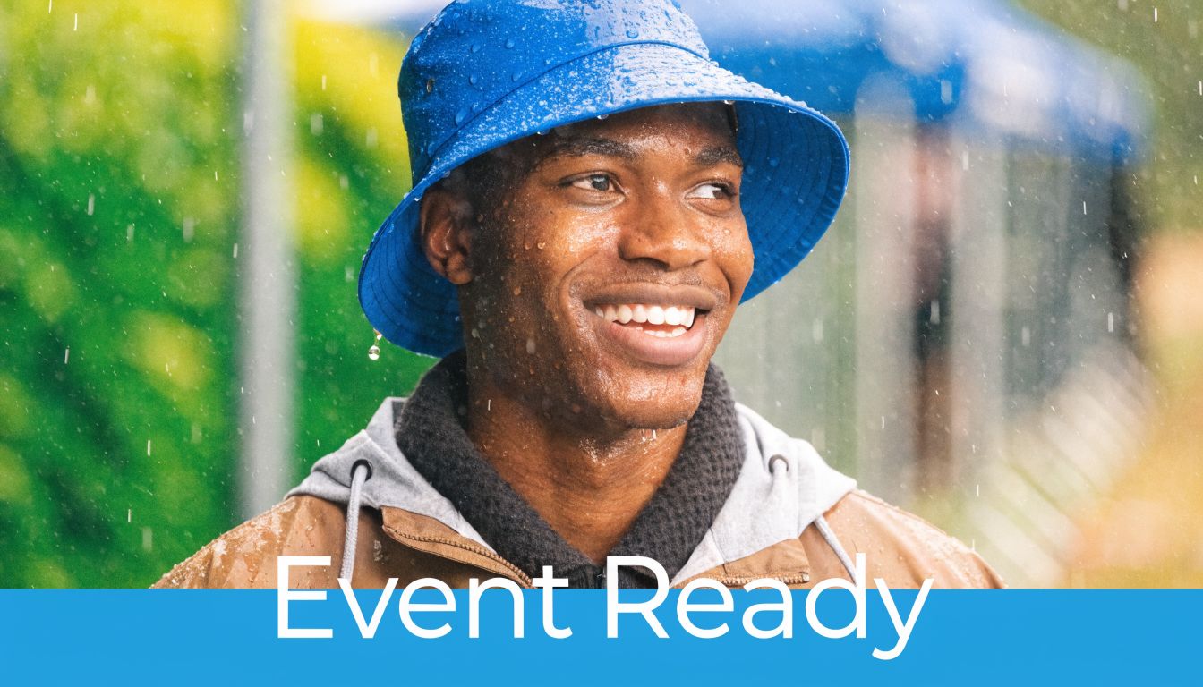 A smiling man wearing a water resistant blue bucket hat in the rain at an outdoor event.