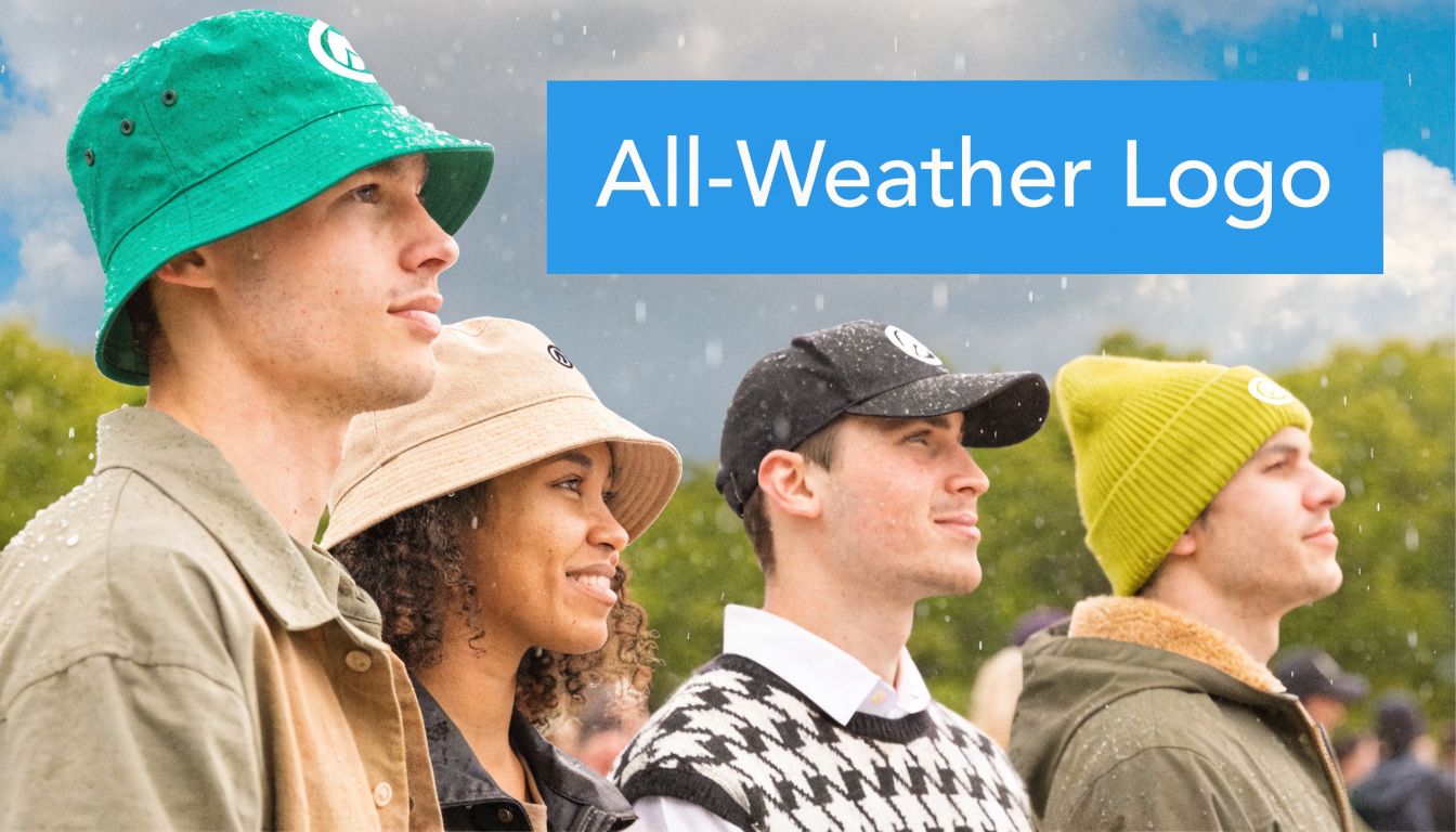 Four diverse young people wearing different styles of hats standing outside during a light rain shower.