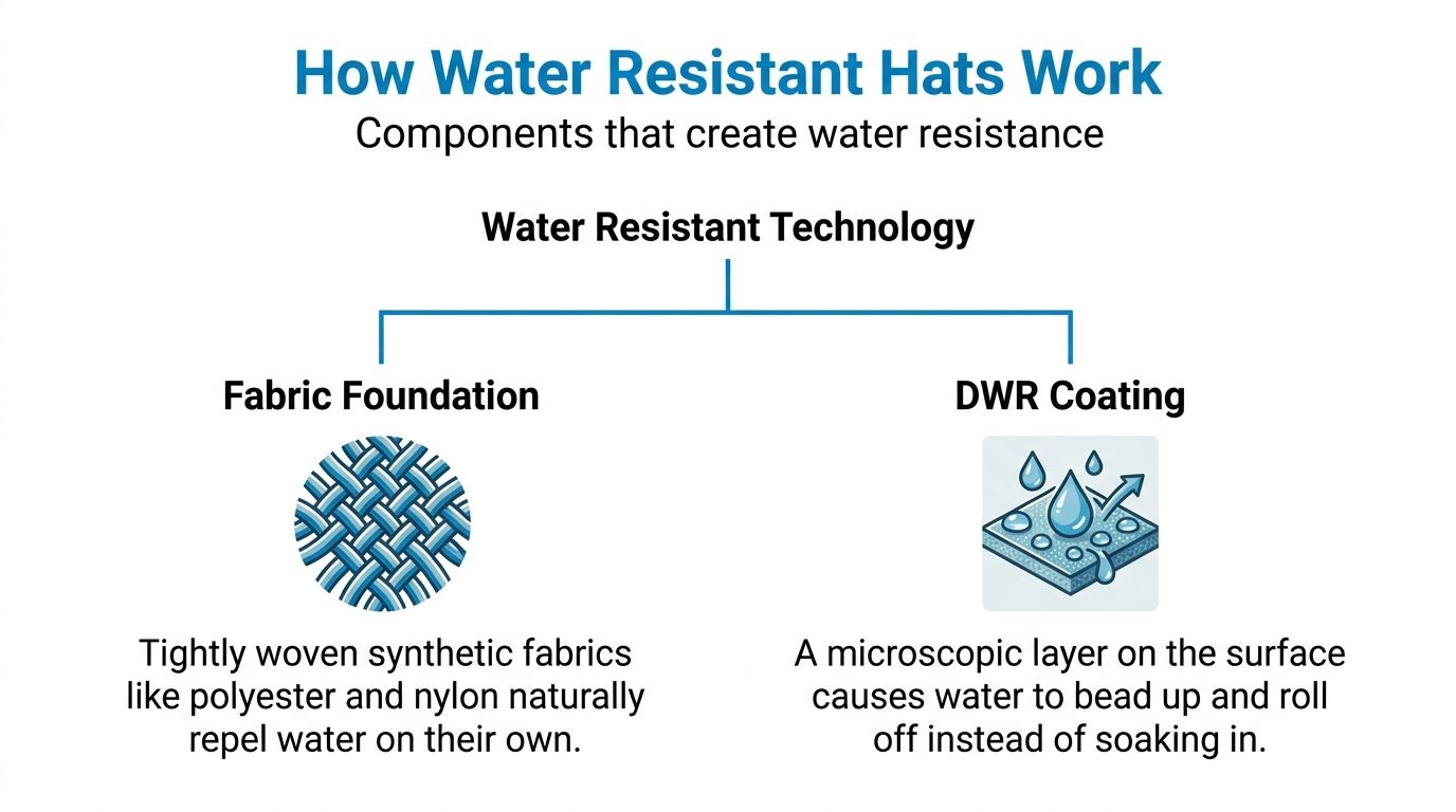 A diagram explaining how water resistant hats work using fabric foundation and a DWR coating.