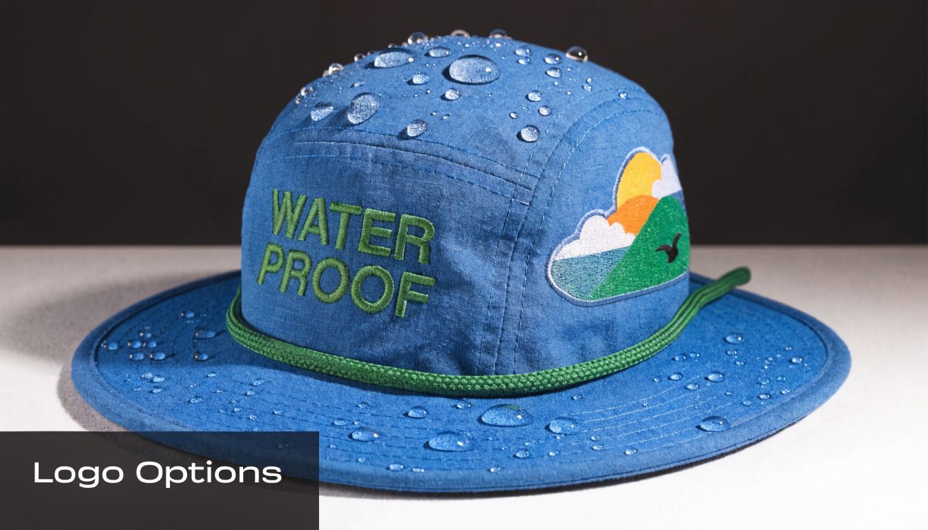A blue waterproof sun hat featuring embroidered lettering and a landscape mountain graphic with water droplets.