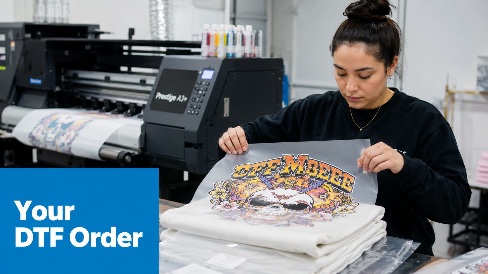 A female worker examining a high-quality skull graphic DTF transfer sheet in a professional printing workshop.