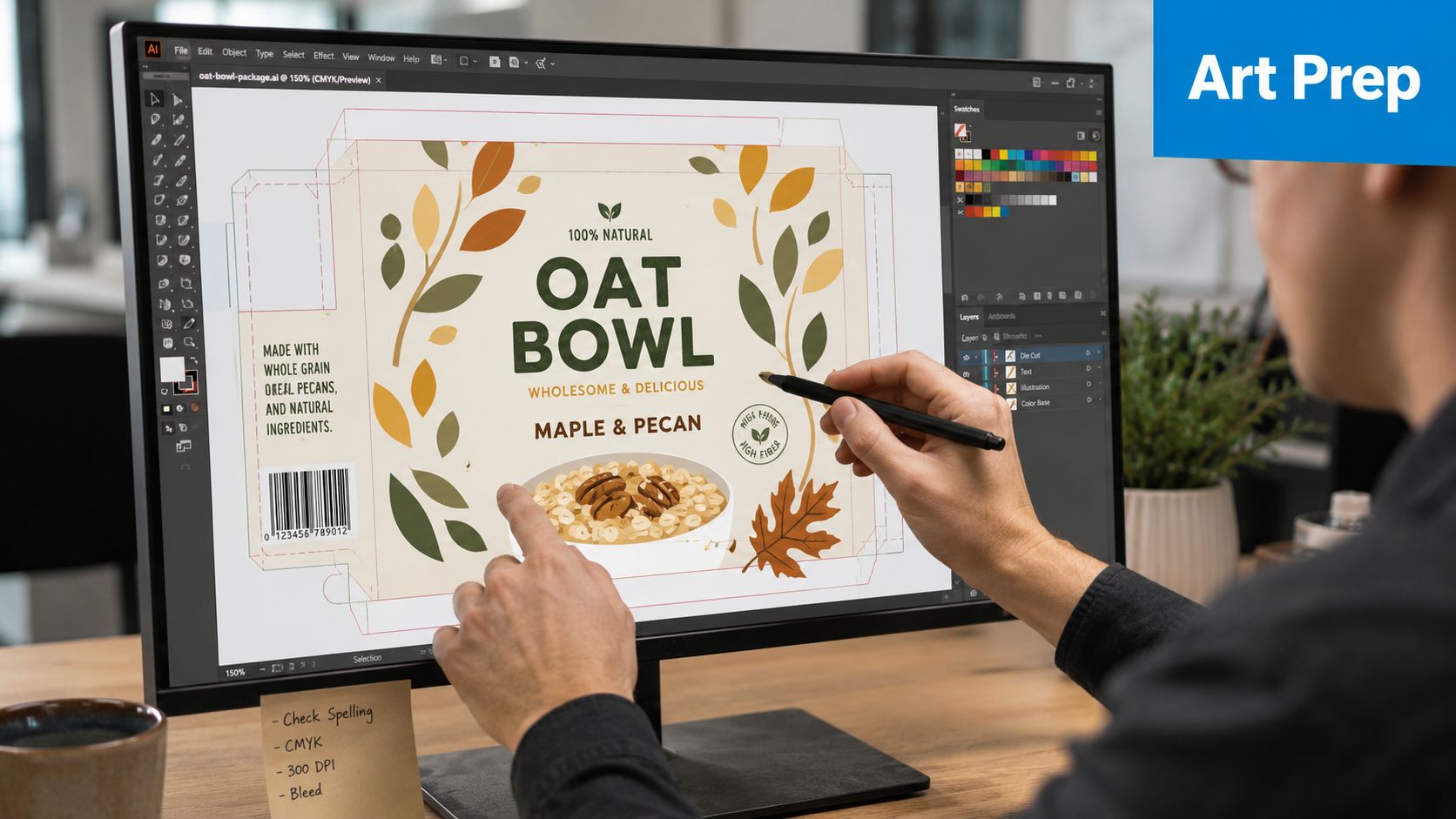A professional graphic designer working on food packaging design software on a large computer monitor.