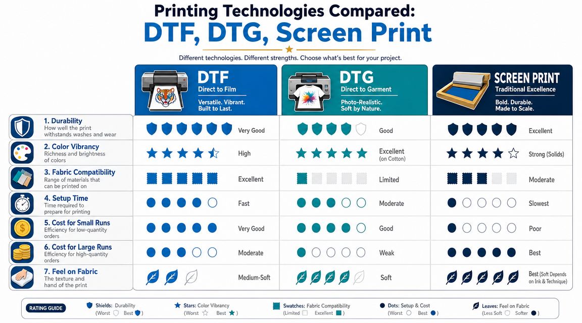 A comparison chart detailing the features and performance differences between DTF, DTG, and screen printing technologies.