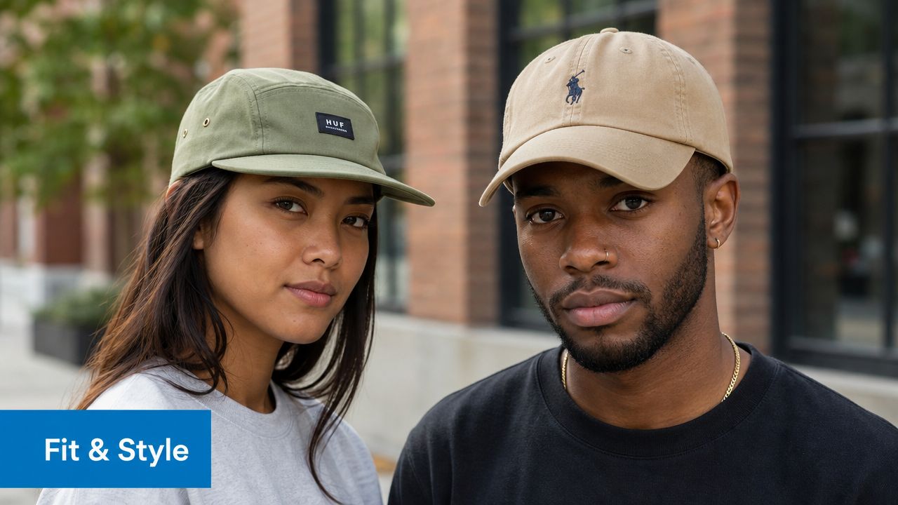 A man and woman wearing different styles of baseball hats while standing outdoors on a city street.