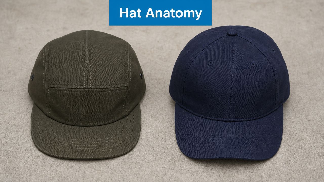 A top-down view comparing a 5-panel olive green hat and a 6-panel navy blue baseball cap.