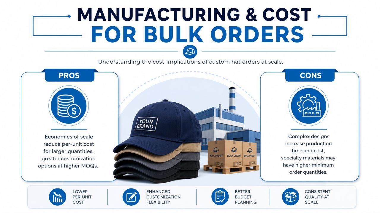 An infographic showing the advantages and disadvantages of bulk custom hat manufacturing for businesses.