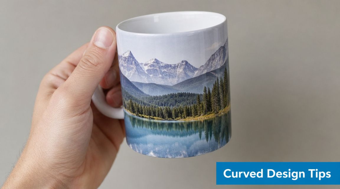 A hand holding a white ceramic mug featuring a beautiful landscape image of mountains and a lake.