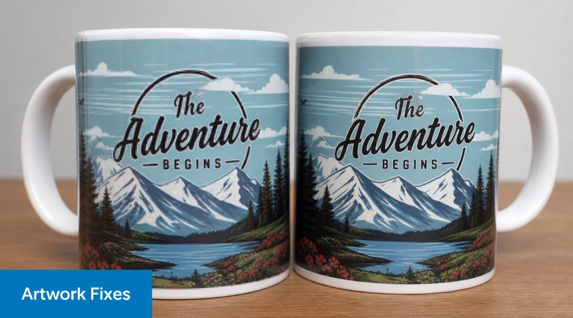 Two ceramic mugs displayed side by side featuring a scenic mountain landscape illustration and The Adventure Begins text.