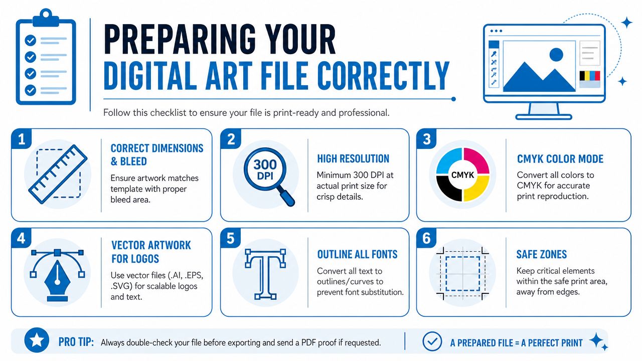 A professional infographic checklist guide on how to prepare digital artwork files correctly for professional printing.