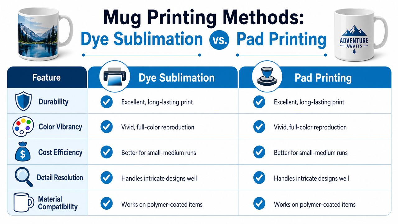 A comparison chart showing features of dye sublimation and pad printing methods for custom mug printing.