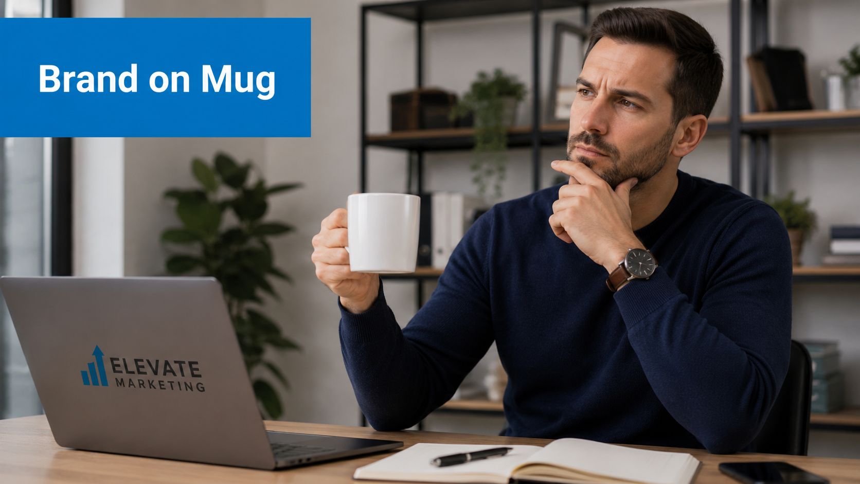 A man in a navy sweater thinking while holding a blank white coffee mug at his desk.