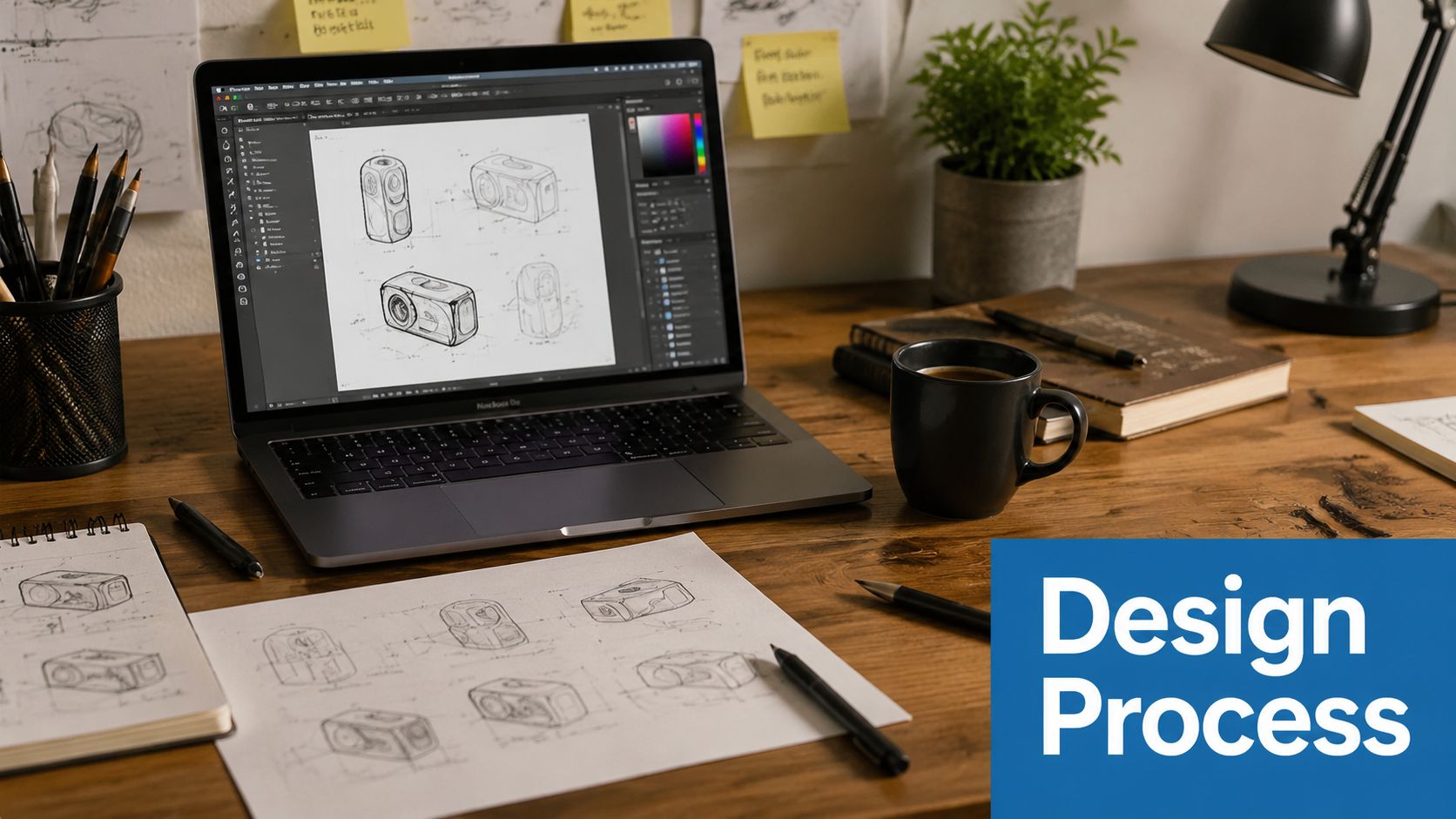 A creative workspace featuring a laptop, sketches of industrial designs, pens, and coffee on a wooden desk.