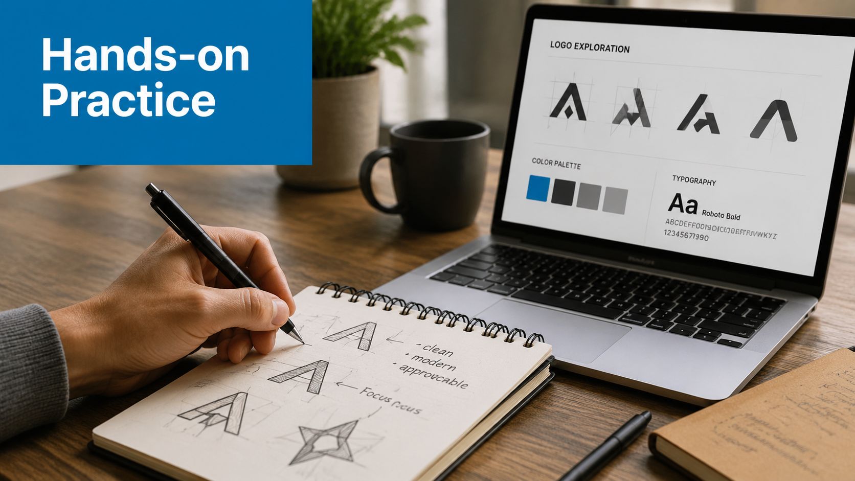 A graphic designer sketches a logo in a notebook while looking at design ideas on a laptop.