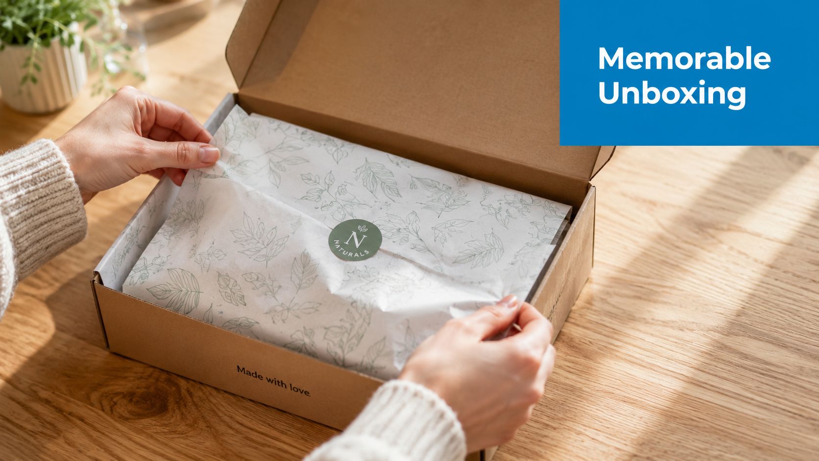 A person opening a cardboard shipping box lined with branded floral tissue paper on a wooden table.