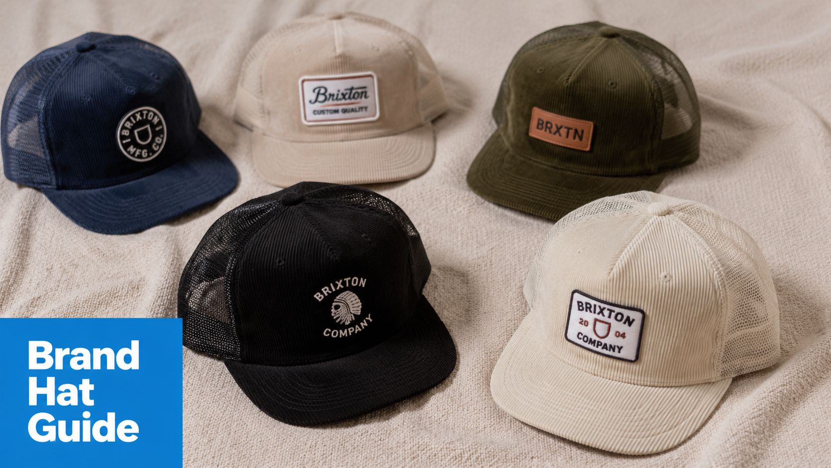 A collection of five different Brixton corduroy trucker hats displayed together on a textured light beige surface.