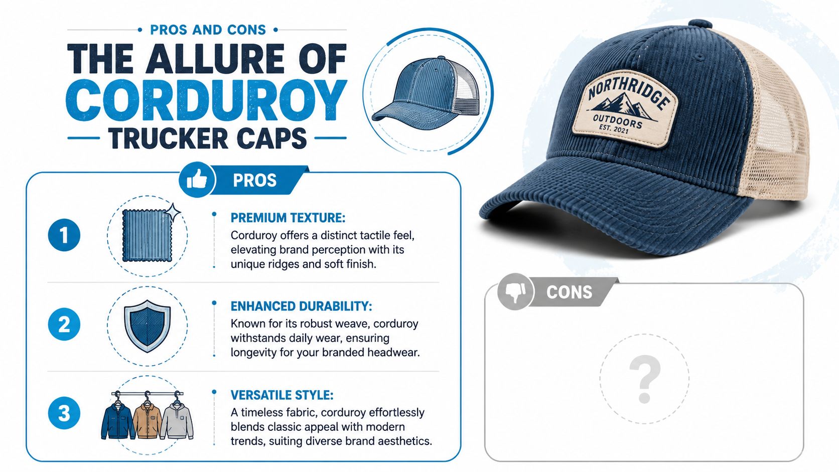 A marketing graphic titled The Allure of Corduroy Trucker Caps, showing the pros of the material.