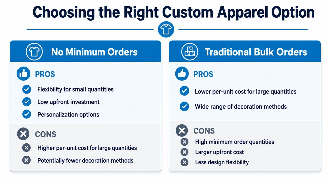 A comparison chart outlining the pros and cons of choosing no minimum versus traditional bulk custom apparel orders.