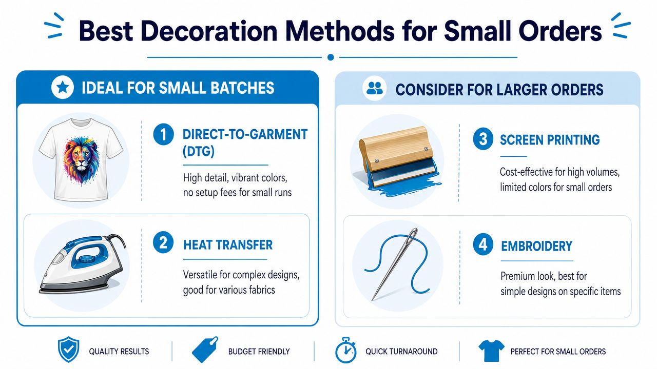 An infographic comparing different decoration methods for custom apparel, highlighting techniques for small and large orders.