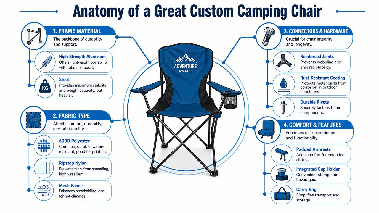 An infographic detailing the anatomy, materials, and key comfort features of a custom camping chair.