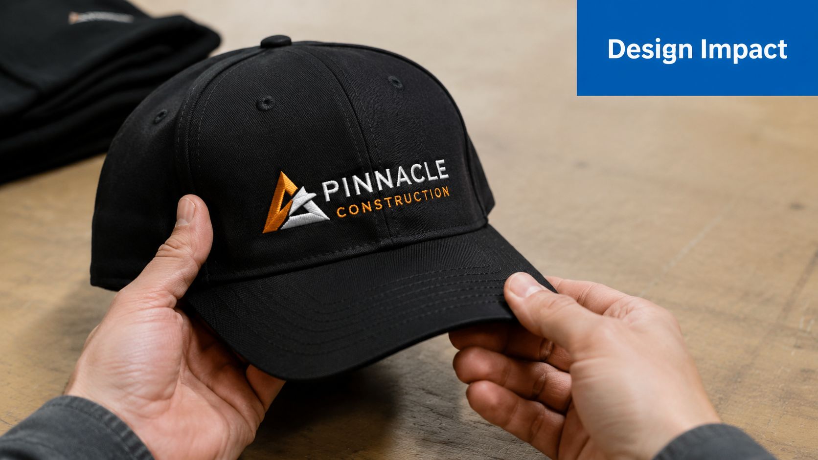 A pair of hands holding a black baseball cap featuring a custom Pinnacle Construction embroidered logo design.