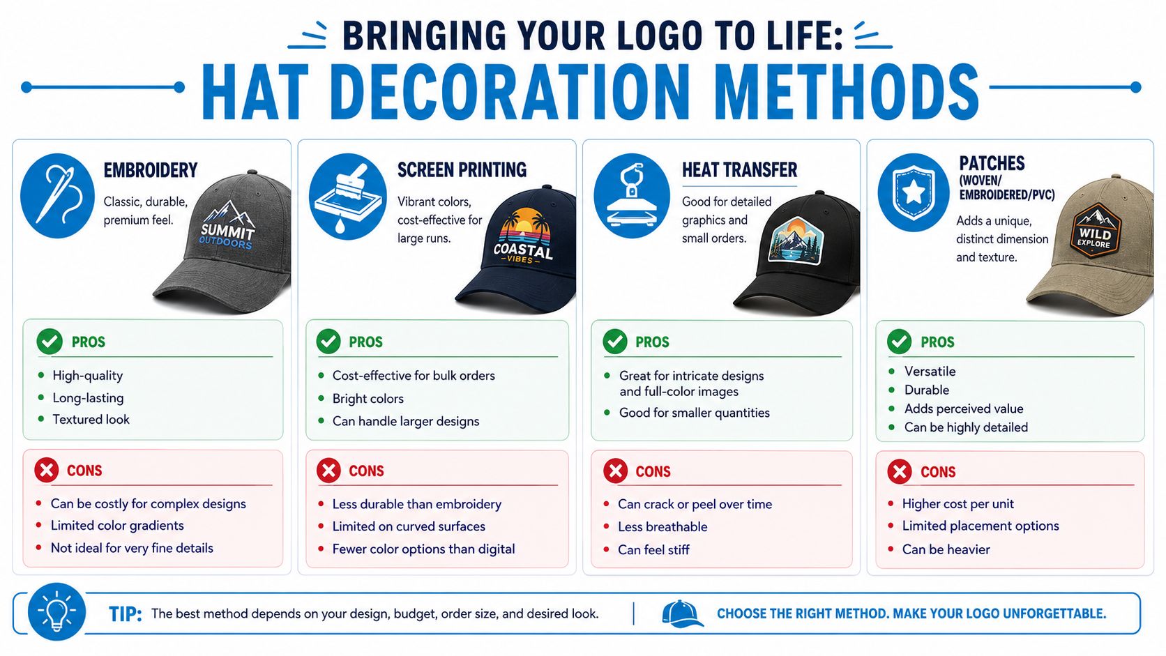 An infographic illustrating four common hat decoration methods including embroidery, screen printing, heat transfer, and patches with pros and cons.