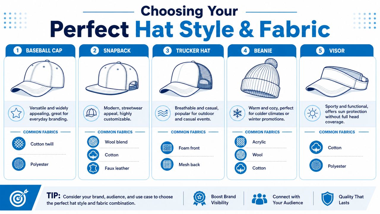 A helpful infographic comparing five popular hat styles, their key benefits, and recommended fabrics for custom branding.