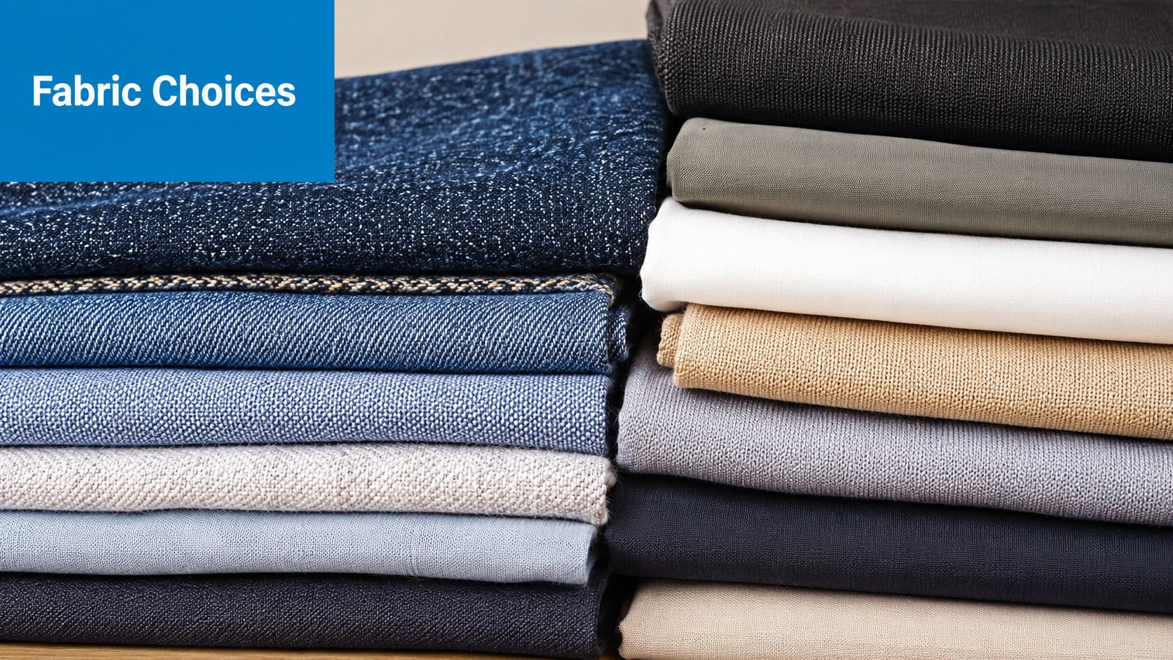 A neatly stacked collection of various fabric swatches in different colors and textures for custom embroidery designs.