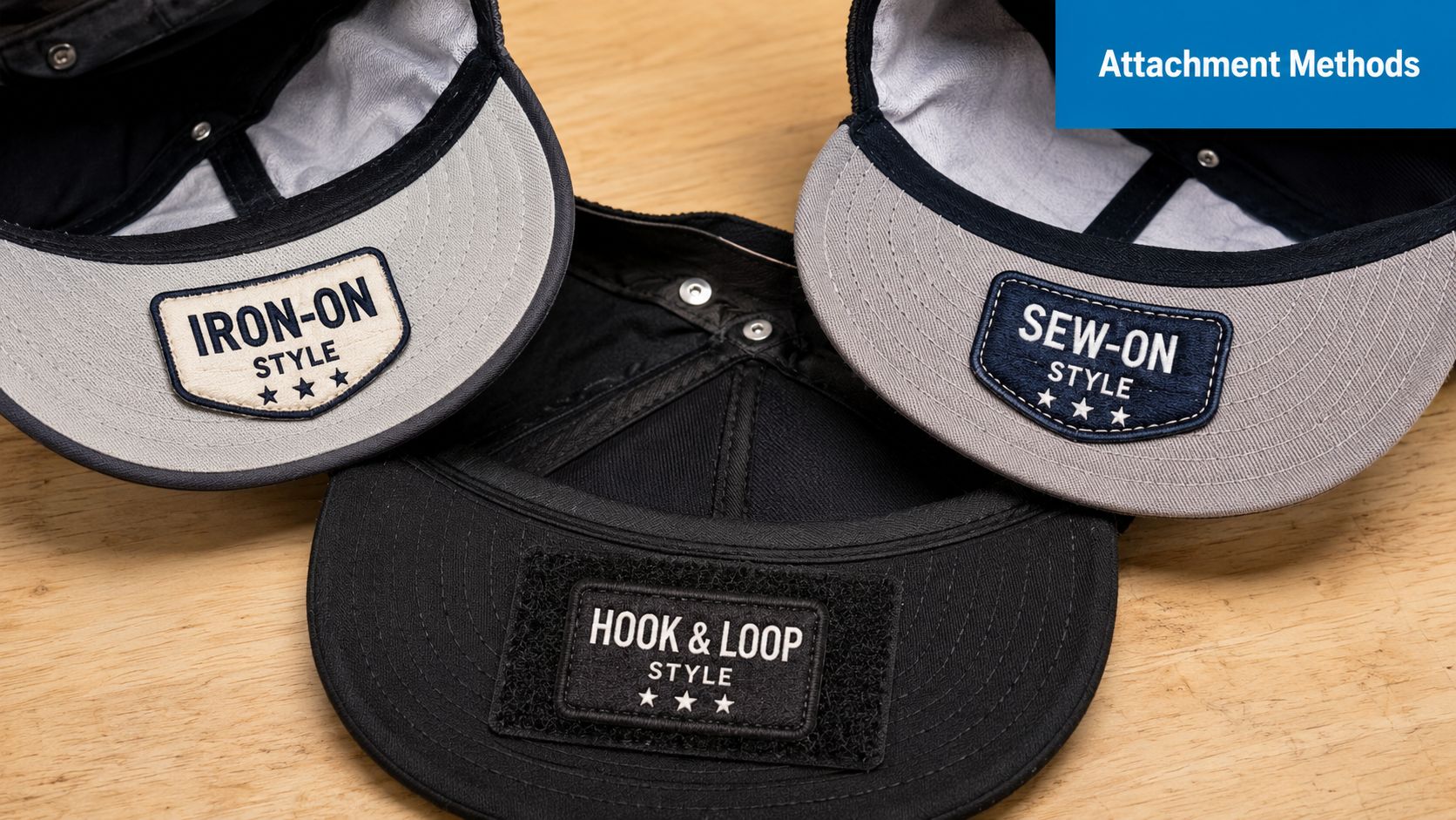 Three black baseball caps displaying different patch attachment methods including iron-on, sew-on, and hook and loop styles.