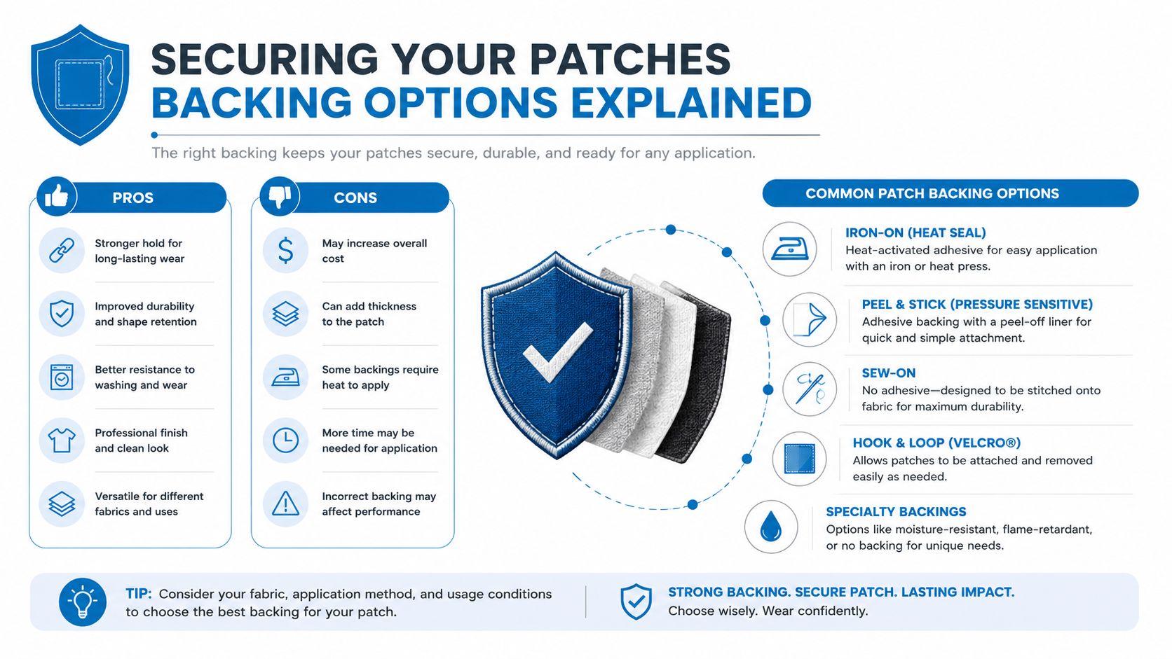 An infographic showing various patch backing options and explaining the pros and cons of each choice.