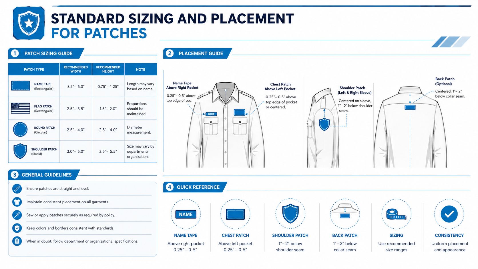 A detailed instructional chart showing standard sizing and placement guidelines for applying patches to professional uniform shirts.
