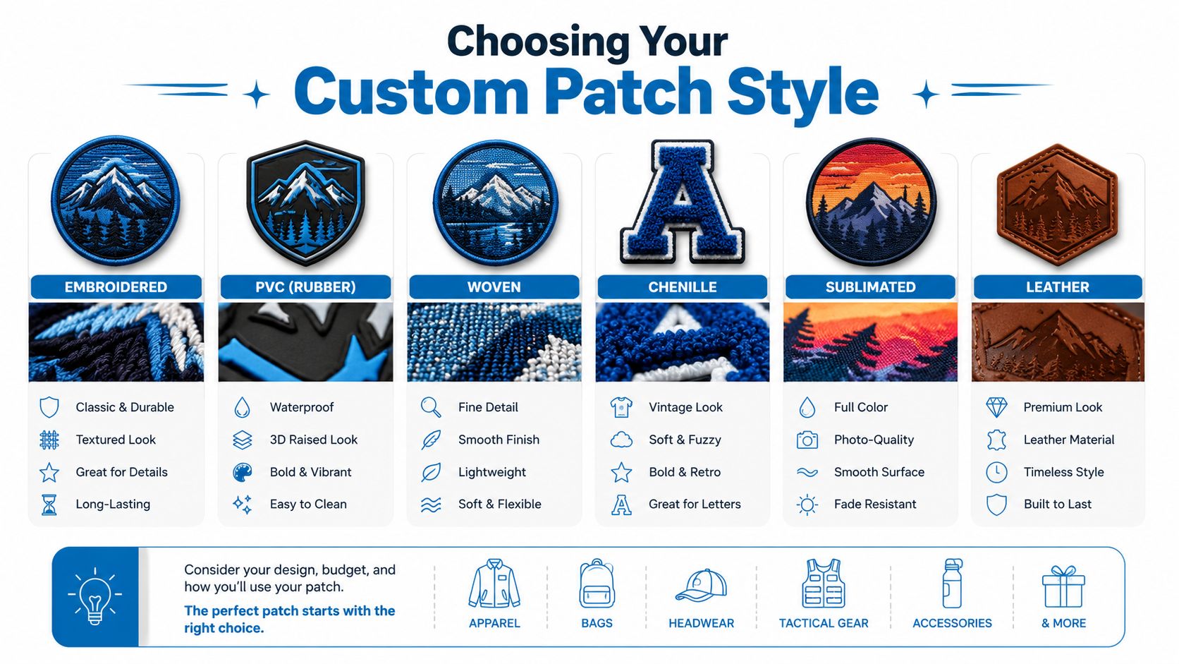 A guide showing different types of custom patches including embroidered, PVC, woven, chenille, sublimated, and leather styles.