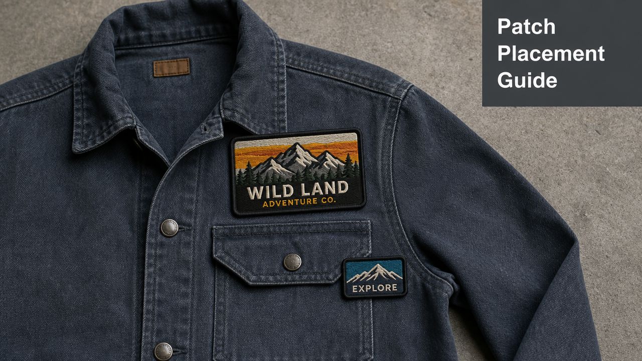 A denim jacket featuring two decorative custom patches with mountain themes, demonstrating effective patch placement for uniforms.