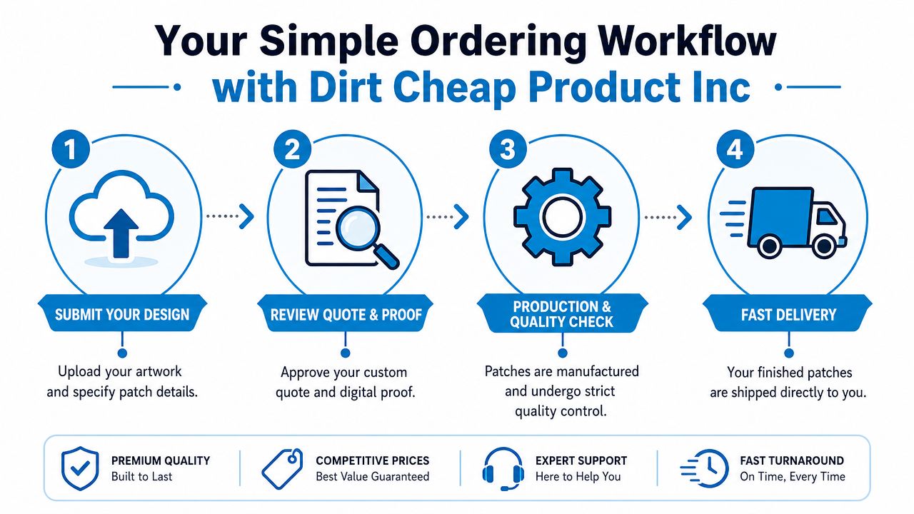 A four-step infographic illustrating the simple ordering workflow for custom patches at Dirt Cheap Product Inc.
